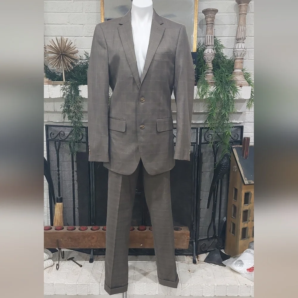 Angelo Rossi Khaki Check Modern Fit 2 Pc Suit - Tan Plaid Blazer 38L - 32
